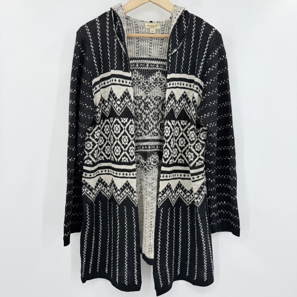 One World Womens Aztec Hooded Cardigan Black White Geometric Open Front XL